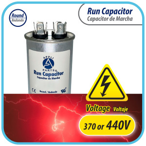 Appli Parts Condensador Capacitor de Marcha 15 Mfd uF (microfaradios) 370VAC o 450VAC CBB65 Universal Aire acondicionado y otras aplicaciones Redondo UL E476928 7.5cm Alto 4.1cm Ancho CON-15-450