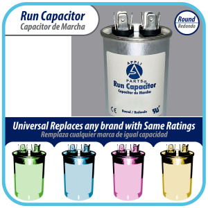 Appli Parts Condensador Capacitor de Marcha 15 Mfd uF (microfaradios) 370VAC o 450VAC CBB65 Universal Aire acondicionado y otras aplicaciones Redondo UL E476928 7.5cm Alto 4.1cm Ancho CON-15-450