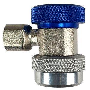 Appli Parts APQC-134L Acople Rapido Refrigeracion y Aire Acondicionado Automotriz para carga y servicio Compatible con R134a, Baja azul, adaptador de bronce, conexion de 1/4 de pulg