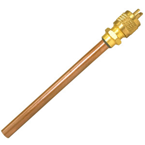 Appli Parts Valvula de acceso de 1/4 SAE x 1/4 pulg OD x con vastago de cobre de 8cm de largo con nucleo y tapa de laton con removedor de nucleo y empacadura APVS-14143