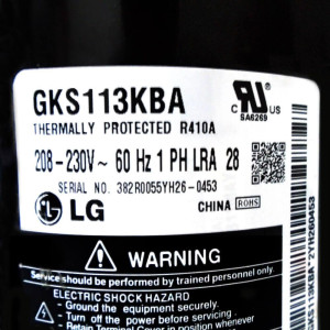 Lg Rotary Compressor 12.000btu R410 208-230V/1Ph/60Hz External O.L.P. (Includes: Olp, Cover, Gasket, Wahser, Nut, Damper Rubber) Capacitor 25mfd/370VAC Not Included Lg Gk113k / Gks113kba