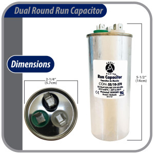 Appli Parts Condensador Capacitor de Marcha 55+10 Mfd uF (microfaradios) 370VAC CBB65 Universal Aire acondicionado y otras aplicaciones Redondo UL E476928 5.7cm Ancho 14cm Alto CON-55/10-370-R