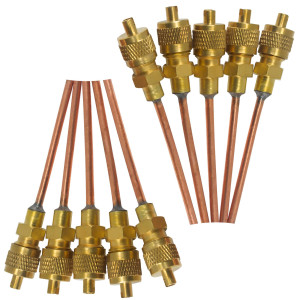 Appli Parts 10 Unidades Valvula de acceso de 1/4 SAE x 1/8 pulg OD x con vastago de cobre de 5cm de largo con nucleo y tapa de laton con removedor de nucleo y empacadura APVS-14182K10