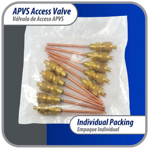 Appli Parts 10 Unidades Valvula de acceso de 1/4 SAE x 1/8 pulg OD x con vastago de cobre de 5cm de largo con nucleo y tapa de laton con removedor de nucleo y empacadura APVS-14182K10