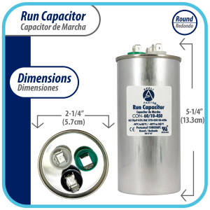Appli Parts Condensador Capacitor de Marcha 60+10 Mfd uF (microfaradios) 370VAC o 450VAC CBB65 Universal Aire acondicionado y aplicaciones Redondo UL E476928 13.3cm Alto 5.7cm Ancho CON-60/10-450