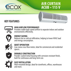 ecox ACUB15CA Cortina de Aire de 150 cm, 110 V, 60 Hz, 1 Ph, 175 W. Para uso Residencial o Comercial