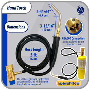Appli Parts APHT-3W soplete boquilla para soldar o fundir con mapp o propano incluye manguera de 5 pies de largo y manilla, antorcha, lampara para soldadura blanda y fuerte para HVAC y plomeria