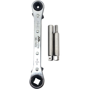 MA-Line MA-70072 Ratchet Wrench with Adaptors. Straight 5-1/2in. One end Square 3/16in and 1/4in. One end Square 3/16in and 5/16in. Hex Adaptors 3/16in and 5/16in