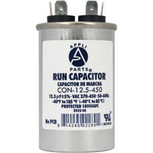 Appli Parts Condensador Capacitor de Marcha 12.5 Mfd uF (microfaradios) 370VAC o 450VAC CBB65 Universal Aire acondicionado y otras aplicaciones Redondo UL E476928 7.5cm Alto 3.7cm Ancho CON-4-450