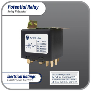 Appli Parts APPR-067 Potential Relay 067, Coil Voltage 420 V, Min Pick up 295 V, Max Pick up 315 V, Max Drop Out 125 V, 50/60 Hz Universal replacement for HVAC and Refrigeration units