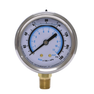 Uniweld GSL314-3 Esfera de 2.5 pulg Rellena de Liquido (Glicerina), Conector 1/4 pulg NPT 0-160 Psi, 0-11 Bar