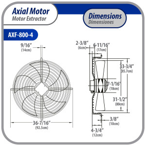 Appli Parts AXF-800-4 31-1/2 in Axial Fan Motor Guard Mounted Fan Blade 220-440V, 3Ph, 50-60Hz 2200W 1050rpm, Universal replacement for Cold Room Evaporators, Condensing Units, Work Temp -22F to 140F