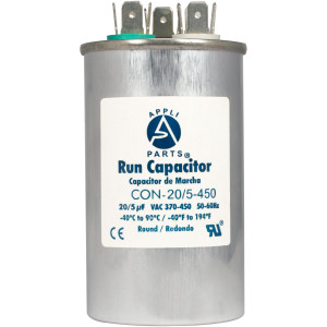 Appli Parts Condensador Capacitor de Marcha 20+5 Mfd uF (microfaradios) 370VAC o 450VAC CBB65 Universal Aire acondicionado y otras aplicaciones Redondo UL E476928 9.8cm Alto 5cm Ancho CON-20/5-450