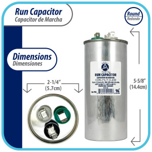 Appli Parts Condensador Capacitor de Marcha 75+7.5 Mfd uF (microfaradios) 370VAC o 450VAC CBB65 Universal Aire acondicionado y aplicaciones Redondo UL E476928 14.4cm Alto 5.7cm Ancho CON-75/7.5-450