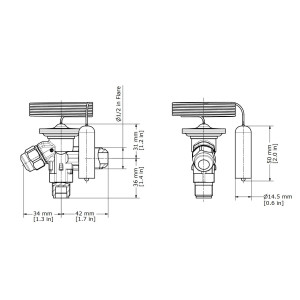 Danfoss 068Z3206 1/4 - 5.5TR Cuerpo de Valvula de Expansion, T 2, R22,R407C, 3/8x1/2 pulg, Flare Roscable, Ecualizacion Interna, Single-flow, -40 a 10C, Capacidad determinada Segun Orficio, 0608Z3466