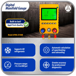 Appli Parts APMG-D100B Juego Manometro Digital para Refrigeracion HVAC Incluye Mangueras, Pinzas de Temperatura y Maletin. Rango -14.5 a 800 psi. Calculo de Sobrecalentamiento y Subenfriamiento