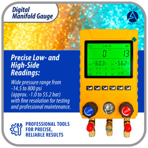 Appli Parts APMG-D100B Juego Manometro Digital para Refrigeracion HVAC Incluye Mangueras, Pinzas de Temperatura y Maletin. Rango -14.5 a 800 psi. Calculo de Sobrecalentamiento y Subenfriamiento