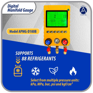 Appli Parts APMG-D100B Juego Manometro Digital para Refrigeracion HVAC Incluye Mangueras, Pinzas de Temperatura y Maletin. Rango -14.5 a 800 psi. Calculo de Sobrecalentamiento y Subenfriamiento