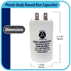 Appli Parts Condensador Capacitor de Marcha 25 Mfd uF (microfaradios) 250VAC CBB60 Cuerpo plastico para bombas de agua y otras aplicaciones Redondo UL E476928 8 cm Alto 4 cm Ancho CON-25-250-P