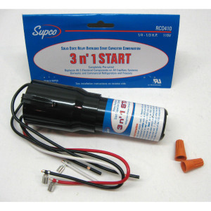 Supco RCO410 1/4 a 1/3 HP, 110 a 125 VAC, 3 en 1, Relay, Capacitor y Termico protector. Utilizado en sistemas de refrigeracion con y sin Capacitor de marcha

