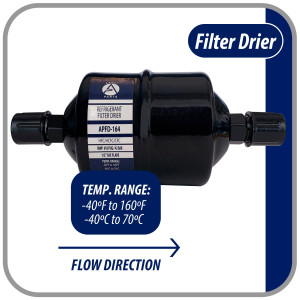 Appli Parts APFD-164 Filtro Secador 1/2 pulg para linea Liquido para Sistemas de Refrigeracion y aire acondicionado 164 SAE Rosca Universal Unidireccional 178mm Largo 76mm Ancho
