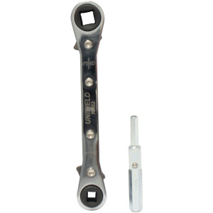 Uniweld 70022 Llave Ratchet, 3/16 y 1/4 pulg apertura Cuadrada, 3/8 y 5/16 pulg apertura Cuadrada, con Adaptador Dual para Valvula exagonal de 3/16 y 5/16
