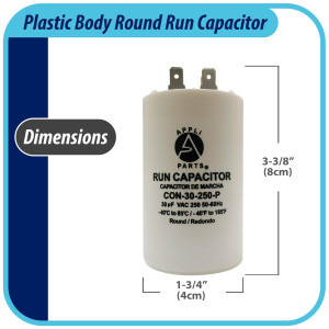 Appli Parts Condensador Capacitor de Marcha 30 Mfd uF (microfaradios) 250VAC CBB60 Cuerpo plastico para bombas de agua y otras aplicaciones Redondo UL E476928 8.5 cm Alto 4 cm Ancho CON-15-250-P