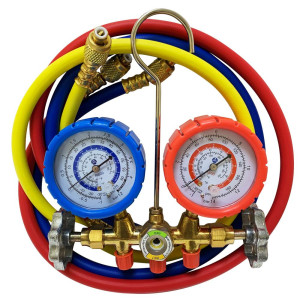 Appli Parts APMG-A4B36S Manometro Compatible con R600, Escala Dual Presion psi/bar, Escala Dual Temperatura Fahrenheit/Centigrado, Cuerpo de Laton con Visor, Incluye Mangueras 90 cm 1/4 SAE