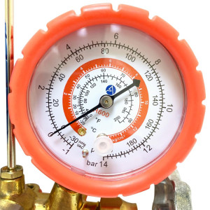 Appli Parts APMG-A4B36S Manometro Compatible con R600, Escala Dual Presion psi/bar, Escala Dual Temperatura Fahrenheit/Centigrado, Cuerpo de Laton con Visor, Incluye Mangueras 90 cm 1/4 SAE