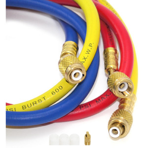 Appli Parts APMG-H60630 150 cm Lagrgo 1/4 pulg SAE, 3 Mangueras Manometro, Multiple Refrigerante, Rango de Presion 600-3000 psi para uso en Sistemas de Refrigeracion y Aire Acondicionado