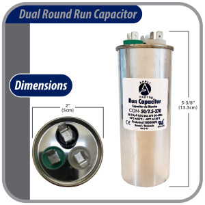 Appli Parts Condensador Capacitor de Marcha 50+7.5 Mfd uF (microfaradios) 370VAC CBB65 Universal Aire acondicionado y otras aplicaciones Redondo UL E476928 5cm Ancho 13.6cm Alto CON-50/7.5-370-R