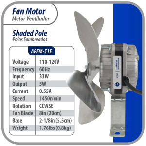 Appli Parts APFM-51E 5W Condenser and Evaporator Fan Motor 115V 60Hz 0.4A, Includes 8in Aluminum Fan Blade and Mounting Base, Universal Replacement for Commercial Refrigeration Units