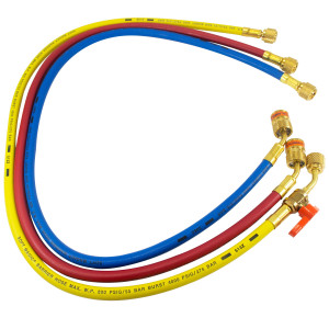 Uniweld EZ3HS Juego Mangueras Manometro 3 Mangueras 3pies de largo Azul y Rojo con EZ-Turn Amarilla con Valvula de bola CFC/HCFC/HFC R410 Anti-Blowback Soft Magic