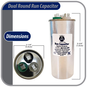 Appli Parts Condensador Capacitor de Marcha 60+7.5 Mfd uF (microfaradios) 370VAC CBB65 Universal Aire acondicionado y otras aplicaciones Redondo UL E476928 5.4cm Ancho 13.6cm Alto CON-60/7.5-370-R