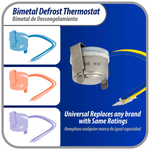 Appli Parts APBT-L55CA Bimetal Thermostat 2 Wire, Open 55 F and Close 40 F, With Clip, blue and yellow colored wires, Reference BIM-318 / Thermodisc