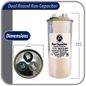 Appli Parts Condensador Capacitor de Marcha 40+7.5 Mfd uF (microfaradios) 370VAC CBB65 Universal Aire acondicionado y otras aplicaciones Redondo UL E476928 5cm Ancho 12cm Alto CON-40/7.55-370-R