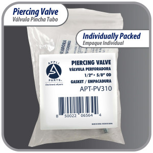 Appli Parts APT-PV310 Valvula perforadora 1/2, 5/8 pulg tipo bala con adaptadores y sello para sistemas de refrigeracion con puerto de servicio SAE de 1/4 pulg