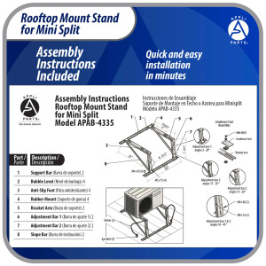 Appli Parts APAB-4335 Soporte de Montaje para Techo/Azotea Minisplit 9000 a 24000 BTU Soporta 150 kg (335 lb) Ajustable de 10 a 45 Grados Incluye Almohadillas Antivibracion y Kit de Instalacion