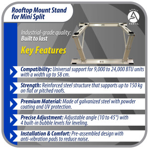 Appli Parts APAB-4335 Soporte de Montaje para Techo/Azotea Minisplit 9000 a 24000 BTU Soporta 150 kg (335 lb) Ajustable de 10 a 45 Grados Incluye Almohadillas Antivibracion y Kit de Instalacion