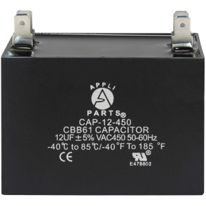 Appli Parts Condensador Capacitor de ventilador 12 mfd (microfaradios) uf 450VAC con conectores compatible con cualquier marca de igual capacitancia 5.8cm Ancho 2.8cm Profundidad 5cm Alto CAP-12-450