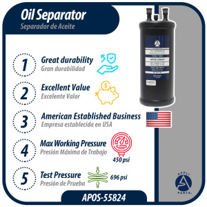 Appli Parts APOS-55824 Separador de Aceite 1/2 pulg ODF Soldable, CFC, HCFC, HFC, Compatible con R22, R407C, R502, R134a, R404A, R507A, Temperatura de trabajo desde -10 C a 130 C