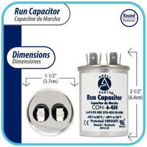 Appli Parts Condensador Capacitor de Marcha 6 Mfd uF (microfaradios) 370VAC o 450VAC CBB65 Universal Aire acondicionado y otras aplicaciones Redondo UL E476928 6.4cm Alto 3.7cm Ancho CON-6-450