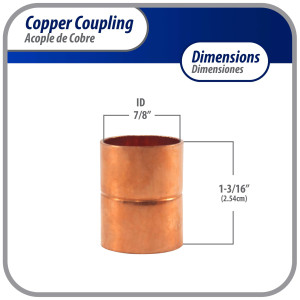 Appli Parts AP-A078B10 7/8 in Wrot Copper Coupling fitting CxC Sweat connections for refrigeration, air conditioning and plumbing applications ACR and Type L copper pipe (10 x Bag)

