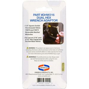 Uniweld DHW316 Acople Dual Exagonal de 3/16 y 5/16 pulg, con base cuadrada de 1/4 pulg