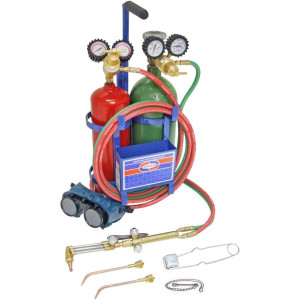 Uniweld KLC100CT Welding Outfit Includes: Weld Handle and Tip / Cutting Attachment and Tip / Oxygen and Acetylene Regulator / Hoses / Goggles / Lighter / Stand / Tank Key / Carry Stand and Tanks
