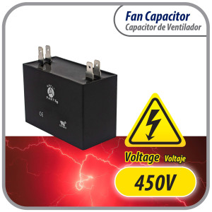 Appli Parts Condensador Capacitor de ventilador 8 mfd (microfaradios) uf 450VAC con conectores compatible con cualquier marca de igual capacitancia 4.7cm Ancho 2.6cm Prof 4.6cm Alto CAP-8-450
