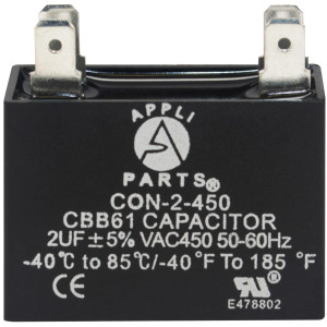 Appli Parts Condensador Capacitor de ventilador 2 mfd (microfaradios) uf 450VAC con conectores compatible con cualquier marca de igual capacitancia 3.7cm Ancho 1.5cm Profundidad 3.4cm Alto CAP-2-450 Appli Parts Condensador Capacitor de ventilador 2 mfd (microfaradios) uf 450VAC con conectores compatible con cualquier marca de igual capacitancia 3.7cm Ancho 1.5cm Profundidad 3.4cm Alto CAP-2-450