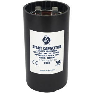 Appli Parts motor start capacitor 460-553 Mfd (microfarads) uF 110-125 VAC universal fit for electric motor applications 1-3/4 in Wide 3-3/8 in Height CON-460-110
 Appli Parts motor start capacitor 460-553 Mfd (microfarads) uF 110-125 VAC universal fit for electric motor applications 1-3/4 in Wide 3-3/8 in Height CON-460-110