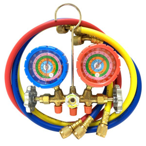 Appli Parts APMG-A3B36S R134, R22, R404, R410 Manifold Gauge Set, Brass Body with Sight-glass, Includes 36 in long 1/4 in SAE Hose Set, Pressure psi, Temperature Fahrenheit Scales