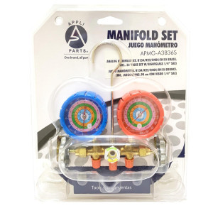 Appli Parts APMG-A3B36S R134,R22,R404,R410 Manifold Gauge Set, Brass Body with Sight-glass, Includes 36 in long 1/4 in SAE Hose Set, Pressure psi, Temperature Fahrenheit Scales Appli Parts APMG-A3B36S R134,R22,R404,R410 Manifold Gauge Set, Brass Body with Sight-glass, Includes 36 in long 1/4 in SAE Hose Set, Pressure psi, Temperature Fahrenheit Scales